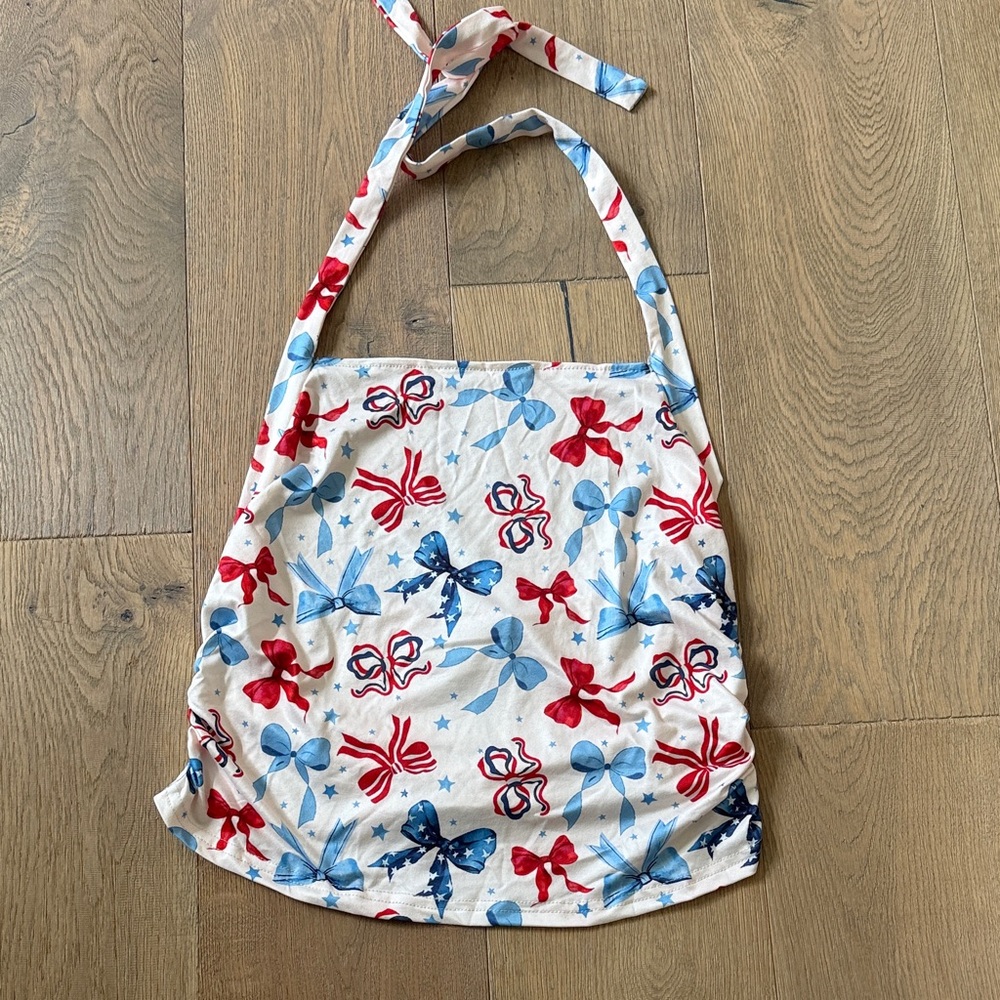 New/Never Worn White Halter Top with Red & Blue Bow Print
